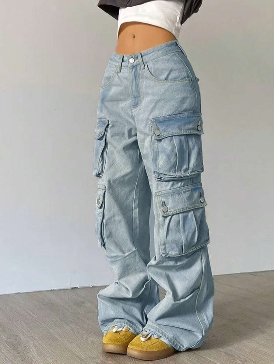 Y2K Streetwear Multi-Pocket Cotton Straight Leg Heavy Industry Cargo Jeans Loose Wide-Leg Denim Pants Music Festival