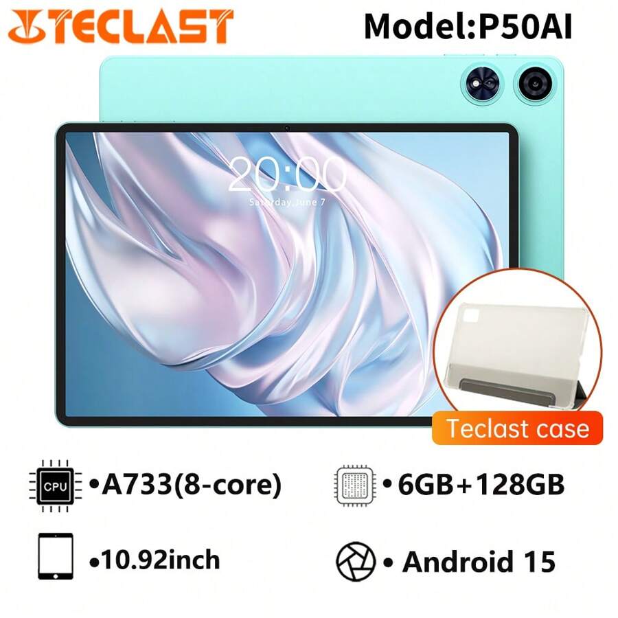 Teclast Teclast P50 AI Tablet (Allwinner A733 8-Core 1.8GHz/6GB RAM/128GB ROM/10.92inch 1280*800iPS TDDI/WIFI6/7000mAh/Type-C/13MP+5MP Camera/Android 15) Limited Time Offer Free Random Leather Case