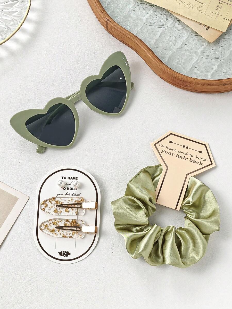6pcs Wedding Bridesmaid Proposal Gift Hair Accessories Set: Multi-Color Versatile Scrunchies, Heart Shaped Glasses, 1 Pair Pearl Earrings, 1 Pair Gold Foil Hair Clips With Cards, All Perfectly Matched