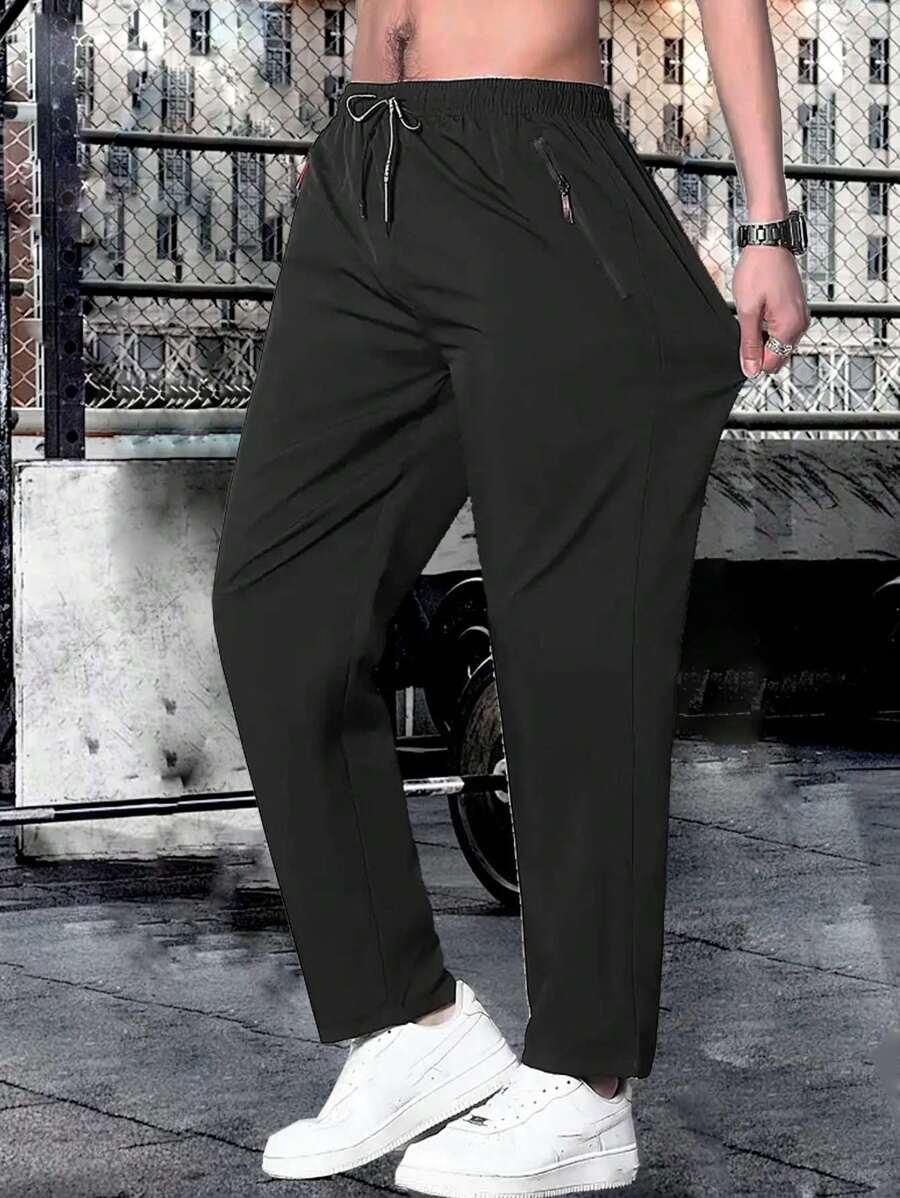 Men's Casual Solid Color Drawstring Pants With Zipper Pockets, Summer Outdoor Activity Gift