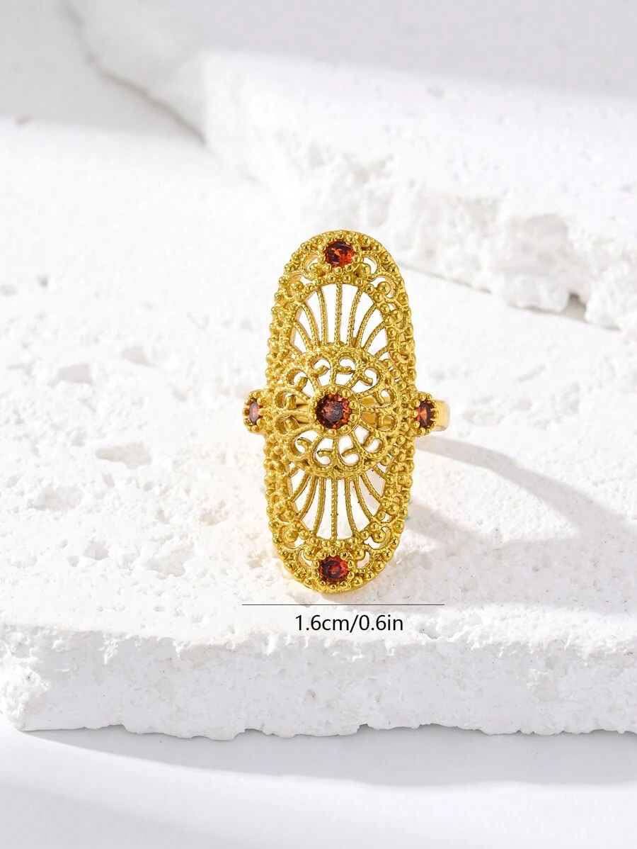 1 Piece Of Women's Ring Jewelry, Copper Plated With 24K Gold, Long Shaped Mesh Zirconia Inlay, And Fashionable