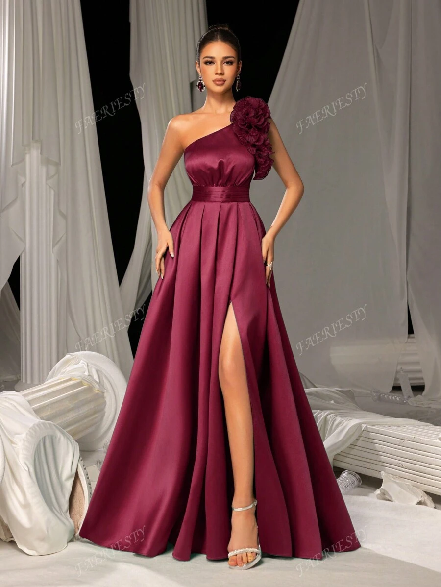 Faeriesty Ruffle Trim Asymmetrical Neck Lace Up Back Satin Prom Dress, Party Dress, Wedding Guest Dress, Formal Dress, Evening Dress,Gown