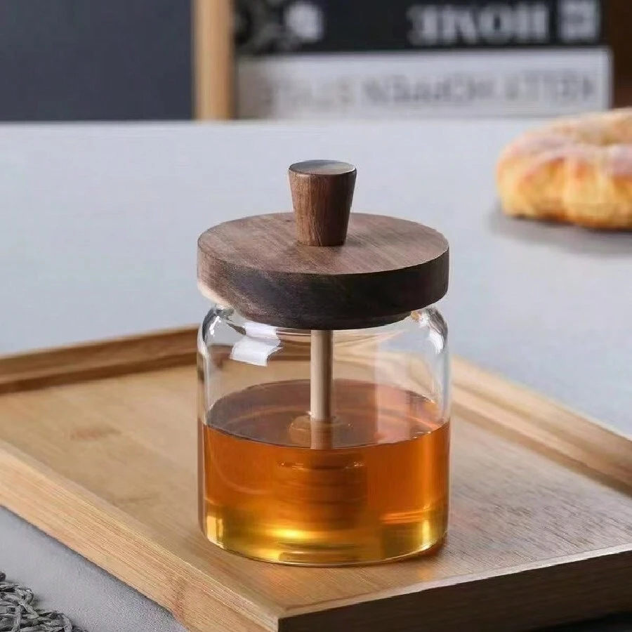 1pc Premium Large Glass Honey Jar Seasoning Jar With Wooden Stirrer - Durable High Borosilicate Glass, Transparent, Airtight, Kitchen Storage Essential - Elegant Wooden Stirring Stick Included For Easy Serving, 16.9oz,School Supplies