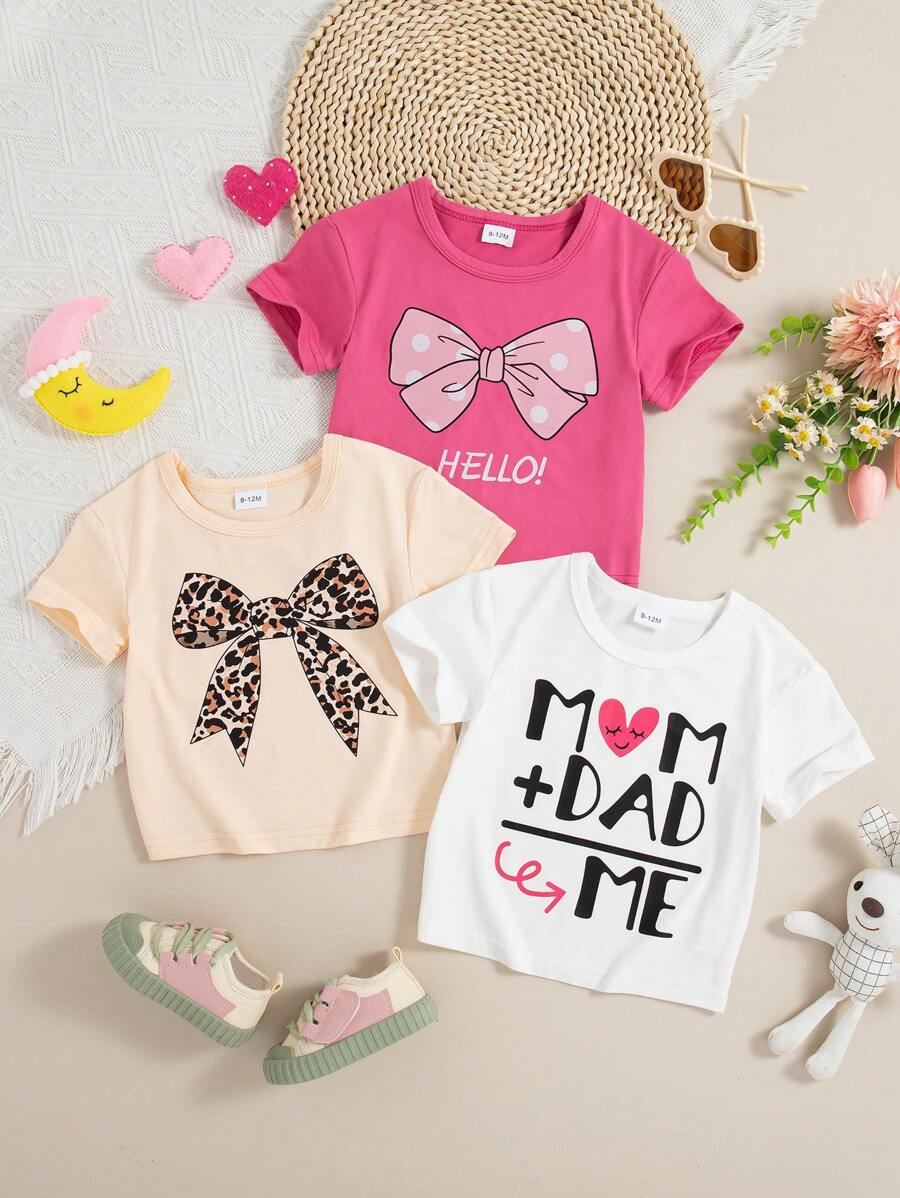 3 pièces/Set Nœud pour bébé fille, T-shirts imprimés de lettres et motifs graphiques, printemps/été