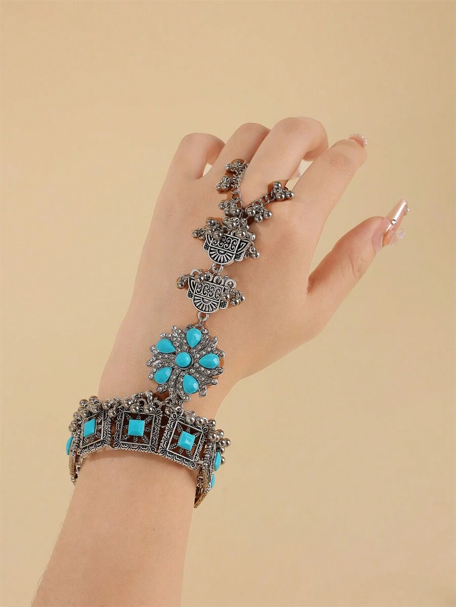 1 Stück Damen Hof Stil handgefertigter Strass Metall Legierung Ganzfingerarmband, geeignet für Hochzeit, Party, Festivalkleidung