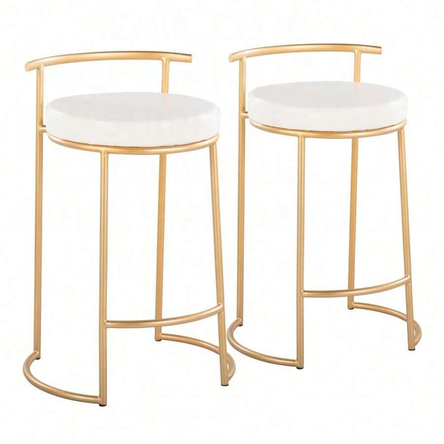 Round 26" Contemporary Fixed-Height Counter Stool In Gold Metal And White Faux Leather By LumiSource - Set Of 2,DreamDecor