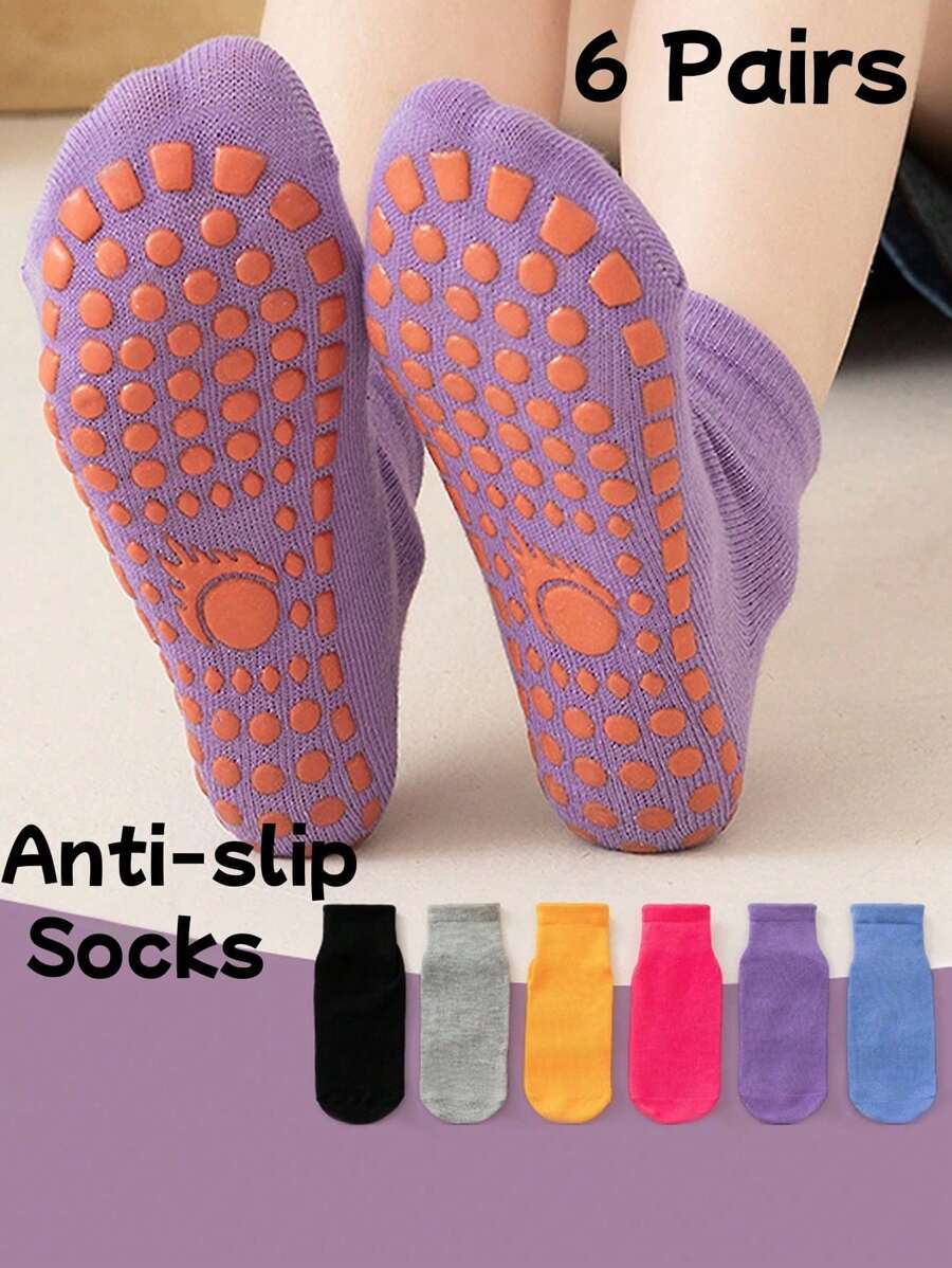 6 Pairs Kids Indoor Rubber Dot Non-Slip Short Socks, Solid Color Casual Socks For Students