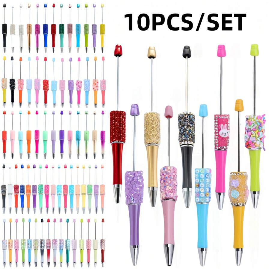 10pcs Creative Rhinestone, Glitter, Confetti, Star, Crystal, Pearl, Rabbit, Flower, Candy Series Plastic Ballpoint Pen Set (Random Color), Suitable For DIYing With Colorful Wooden Beads, Silicone Beads, Acrylic Beads, Office & School Supplies