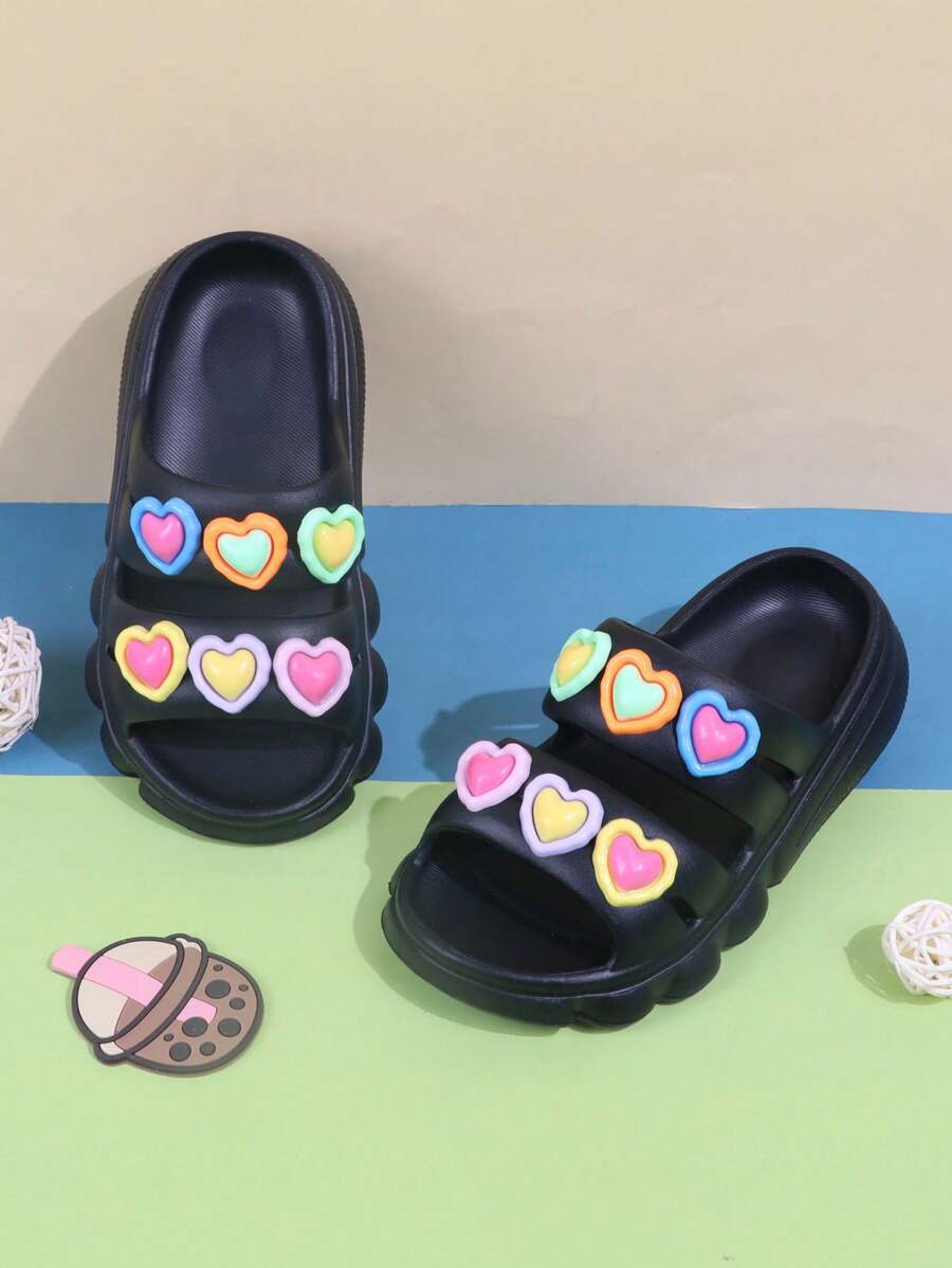 1 Pair Kids Non-Slip Outdoor Sandals, Colorful Heart Design Toddler Girls Beach Slippers, Children Summer Breathable Slippers