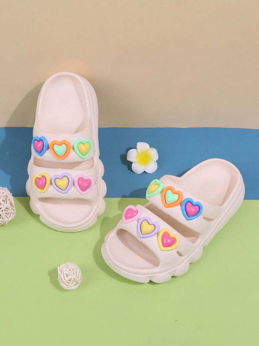 1 Pair Kids Anti-Slip Sandals/Slippers, Colorful Heart Design, Suitable For Outdoor Wear, Toddler/Children Girls,Summer