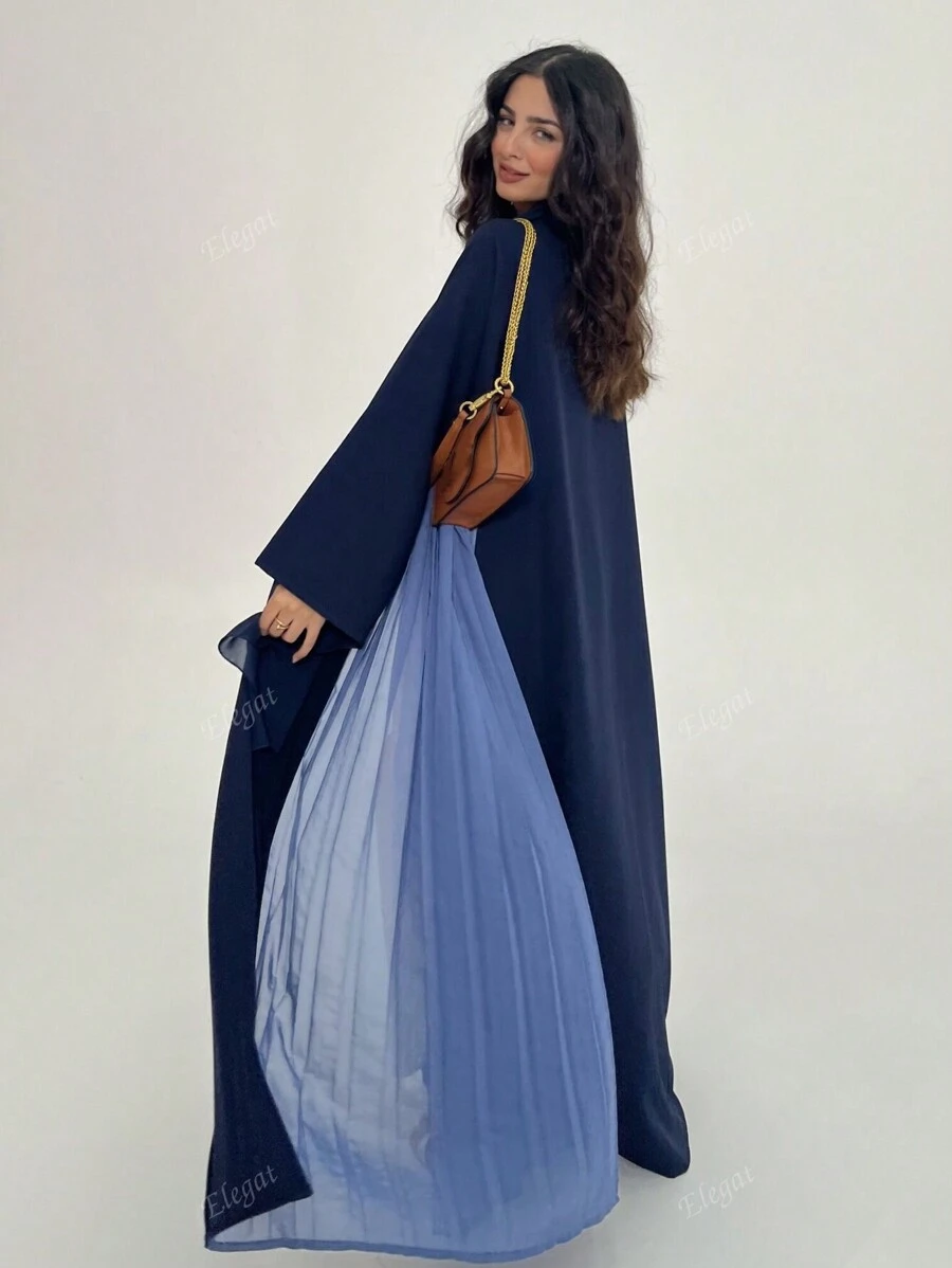 1pc Elegant Casual Solid Color Polyester Splice Hem Long Cardigan, Sophisticated Craftsmanship, Graceful & Stylish Abaya Outerwear