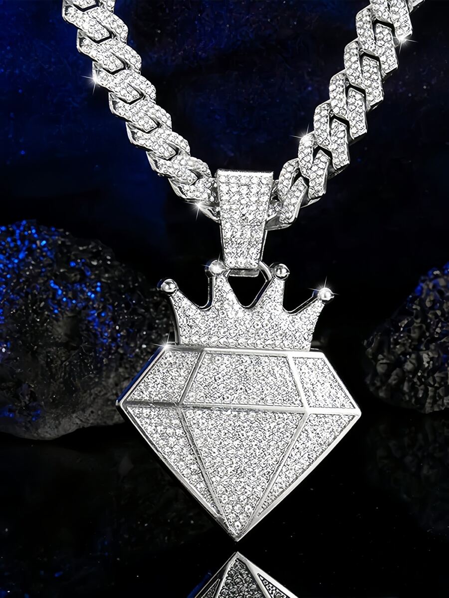 2 pièces Chaîne de 13 mm avec pendentif diamant en forme de couronne, collier bling pailleté hip hop pour hommes et femmes, coffret cadeau inclus