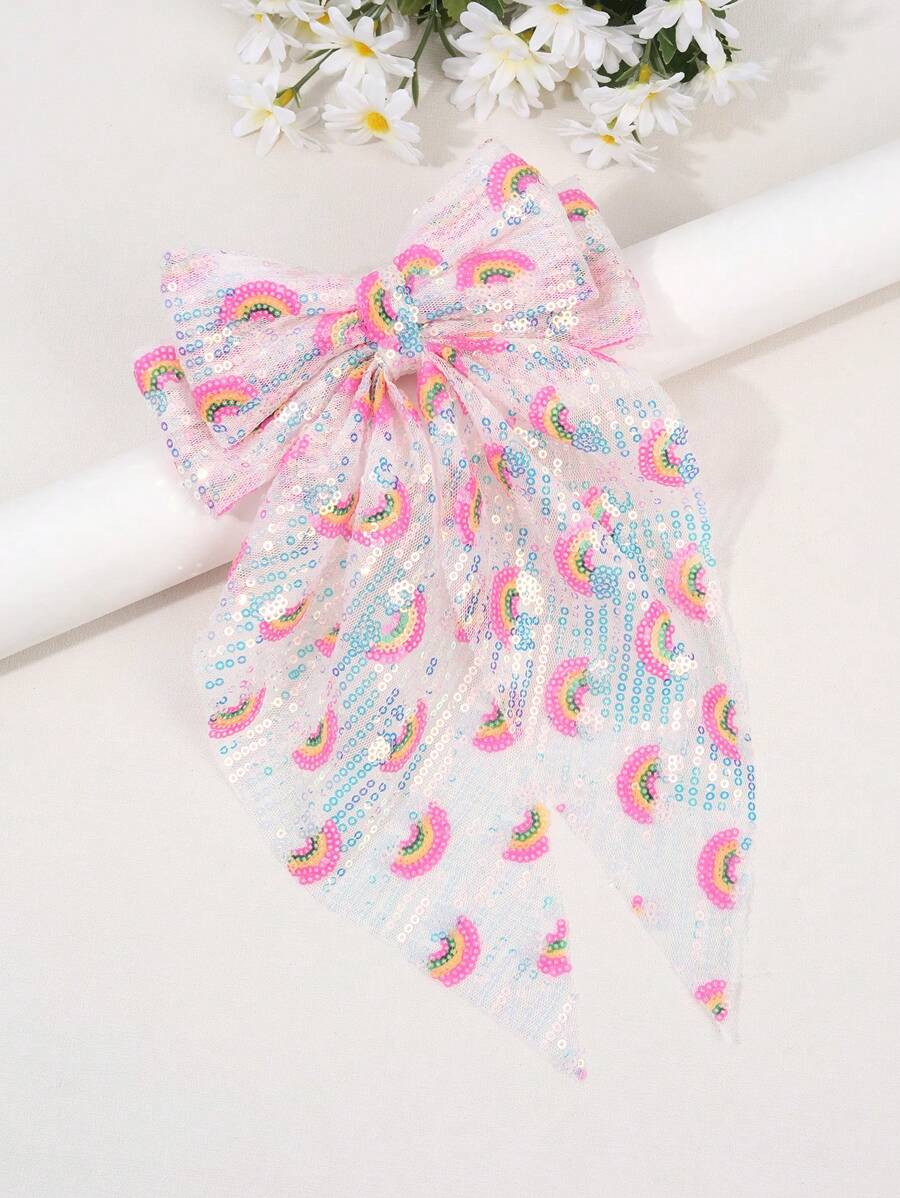 1pc Large Rainbow Hair Bows For Women Sparkling Sequines Bow French Clips With Long Tail Elegant Bow Hair Clips Glitter Party Bow Barrettes Ball Bow Hair Clips Women Hair Accessories Valentines Claw Clips