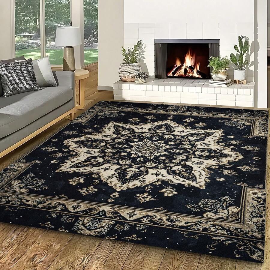 1pc Vintage Bohemian Style Carpet, Symmetrical Floral Pattern Rectangle Soft Non-Slip Area Rug, Suitable For Outdoor, Entryway, Living Room, Bedroom, Laundry Room, Bathroom, Game Room, Machine Washable, Seasonal Decor, Home Decoration
