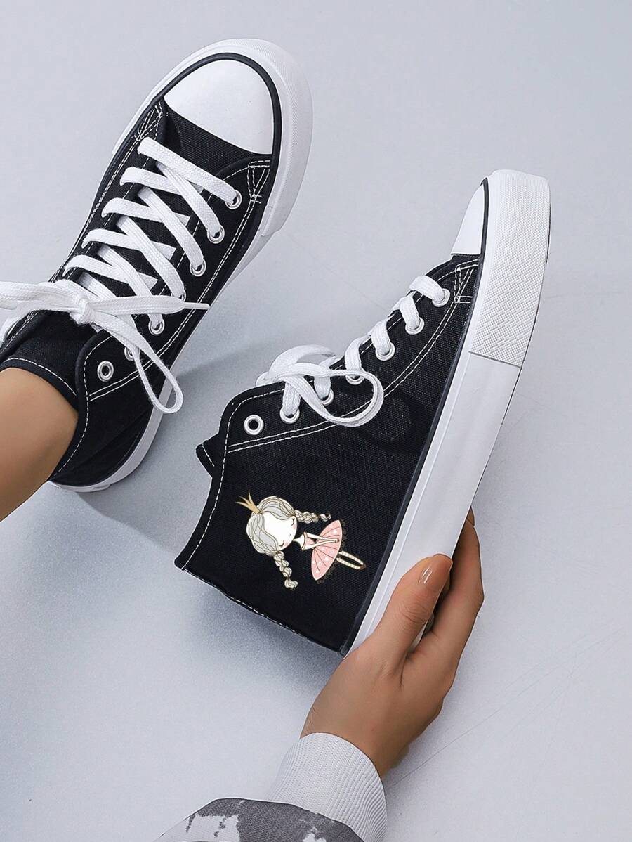 Women's Creative Braid Princess Print Mid-Top Flat Canvas Shoes, Minimalist Style, Suitable For All Seasons, Black Canvas Material, Casual Sneakers