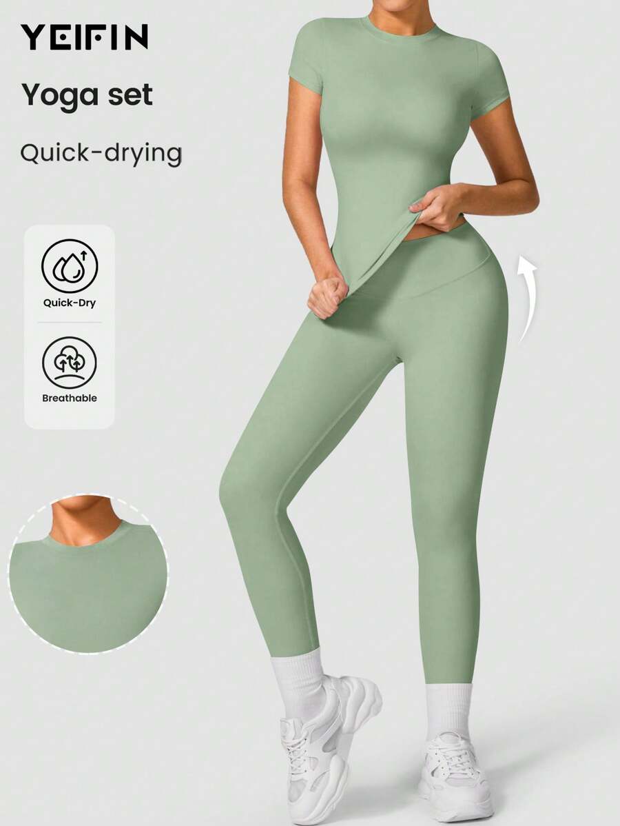 YEIFIN Set de chándal de 2/4 piezas con camiseta de cuello redondo y malla de cintura alta, camiseta deportiva cómoda y pantalones pitillo para yoga, gimnasio y entrenamiento, ropa deportiva de verano para vuelta al cole, chándales para mujer, conjunto de estilo urbano para primavera y verano