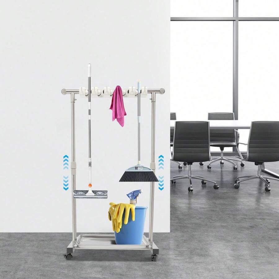 Broom And Mop Holder Cleaning Supplies Organizer Mop Organizer Height Adjustable 34.3-51.2in Freestanding Broom Holder W/4 Lockable Universal Wheels 5 Slots 6 Hooks For Home Restaurant Hotel