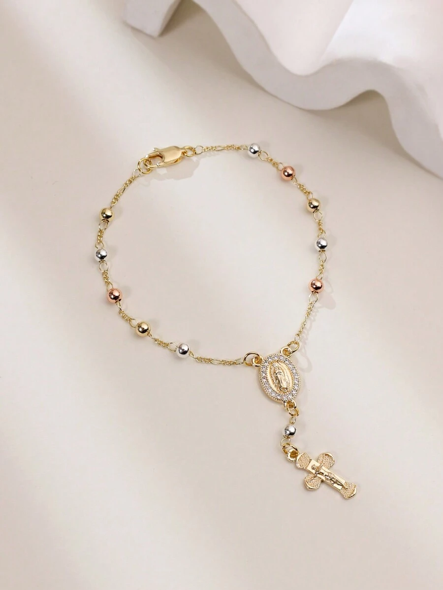 Pulseira Decenário Virgem De Guadalupe Com Contas De Rosário Tricolor