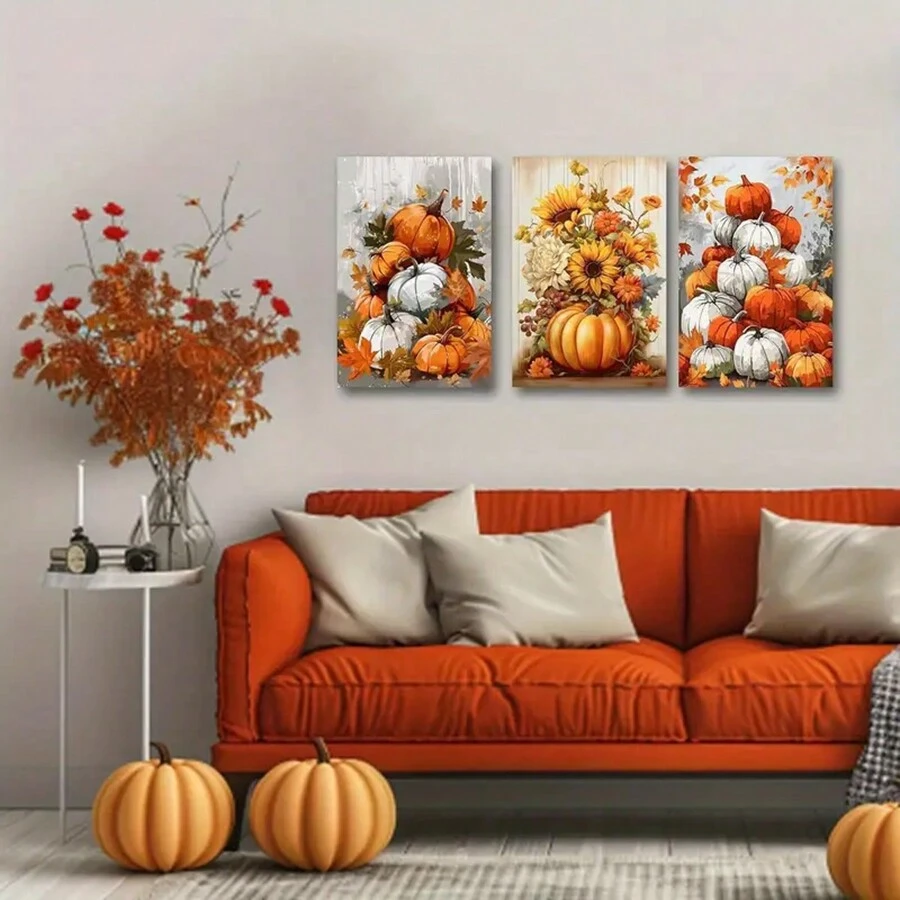 Art Life Home 3PCS Autumn Pumpkin Wall Art 3 Pieces Rustic Pumpkin Sunflower Wrapped Canvas Prints Fall Themed Canvas Thanksgiving Pictures Farmhouse Kitchen Decor No Frame