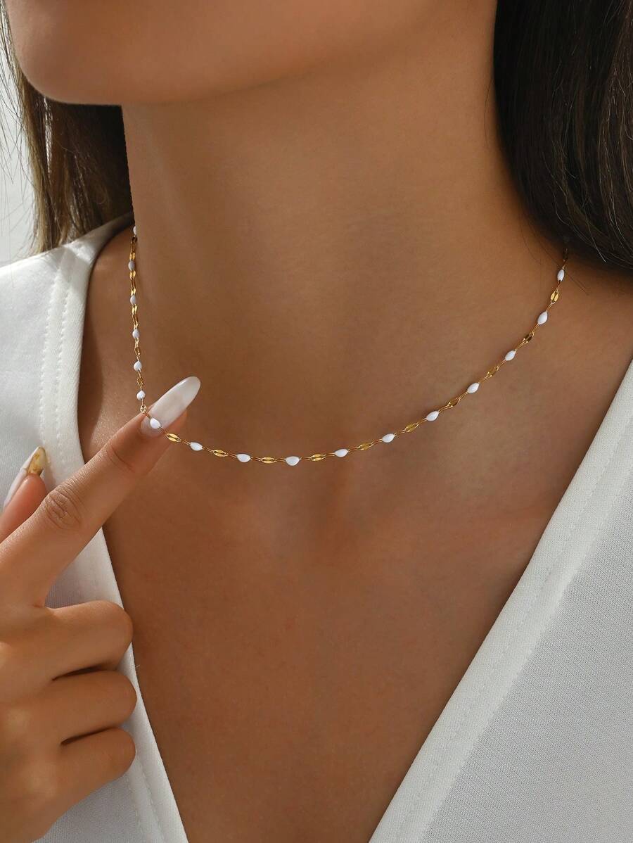 LIEBEIRIS 1pc 18k Gold Plated Simple White Oil Drop Stainless Steel Necklace, Suitable For Daily Wear And Gift For Women