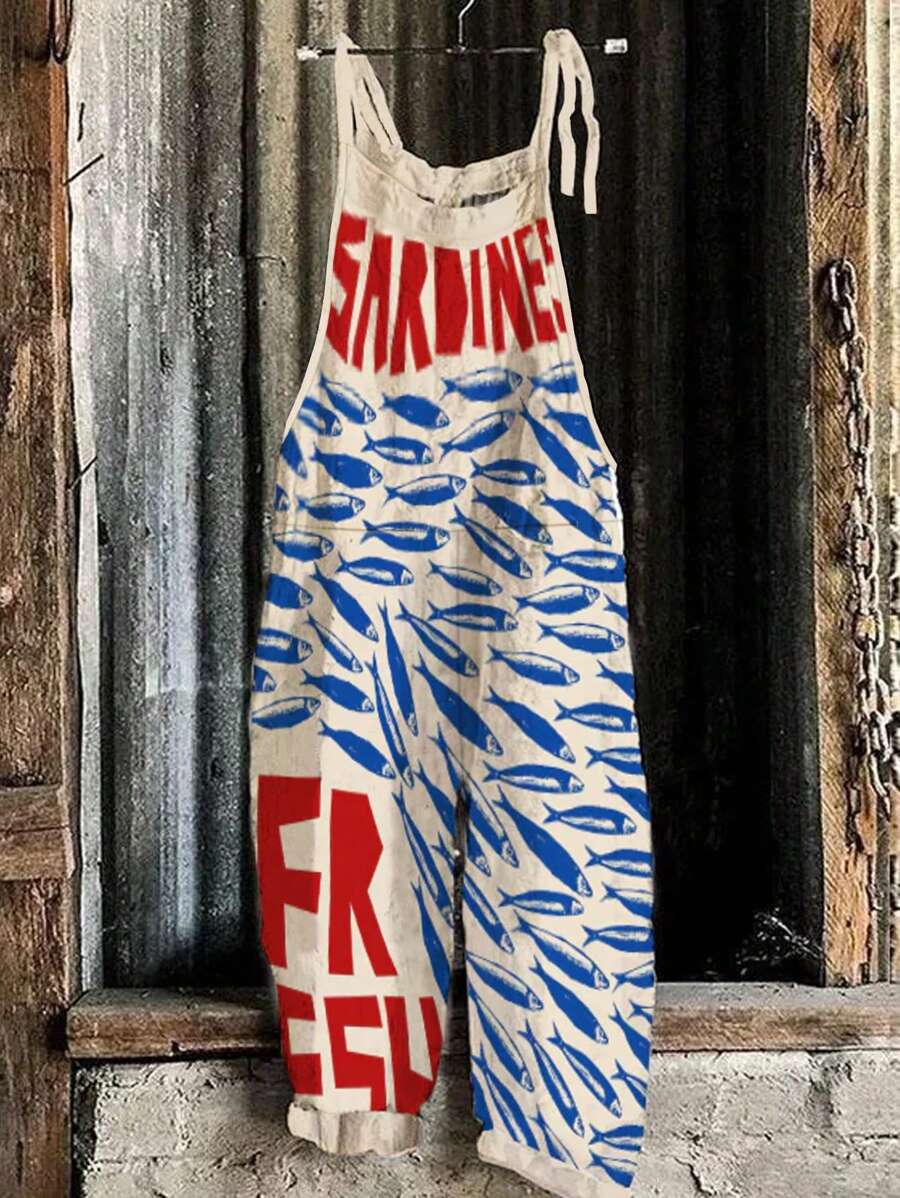 Women's Spring And Summer Fashion Casual Elegant Holiday Style Contrast Color English Letters Latin Fish Printed Imitation Linen Fabric Overall Jumpsuit Casual Vacation Holiday Travel