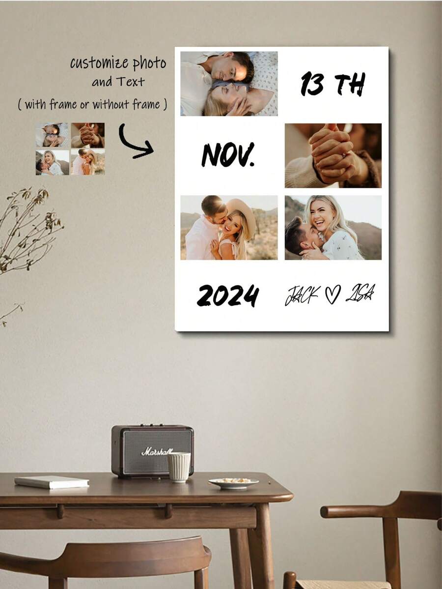 1 pieza Pintura decorativa personalizada - Arte de pared de foto de pareja, se puede personalizar para registrar momentos importantes, con tus fotos y texto, decoración de pared, adecuado para fiestas importantes, regalo conmemorativo del Día de San Valentín, arte de foto en lienzo de pintura de óleo de inyección de tinta de alta definición