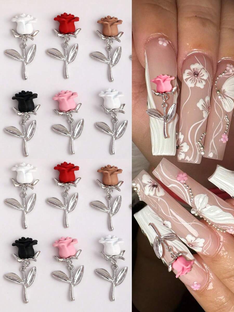 10pcs/Pack Rose Flower Pendant Nail Accessories Y2K Color Nail Decoration, Personalized Alloy Flower Nail Jewelry 3D Simulation Flower Nail Decoration, Red And Black Pink Personalized Nail Decoration, Suitable For Nail Salons And Personal Use