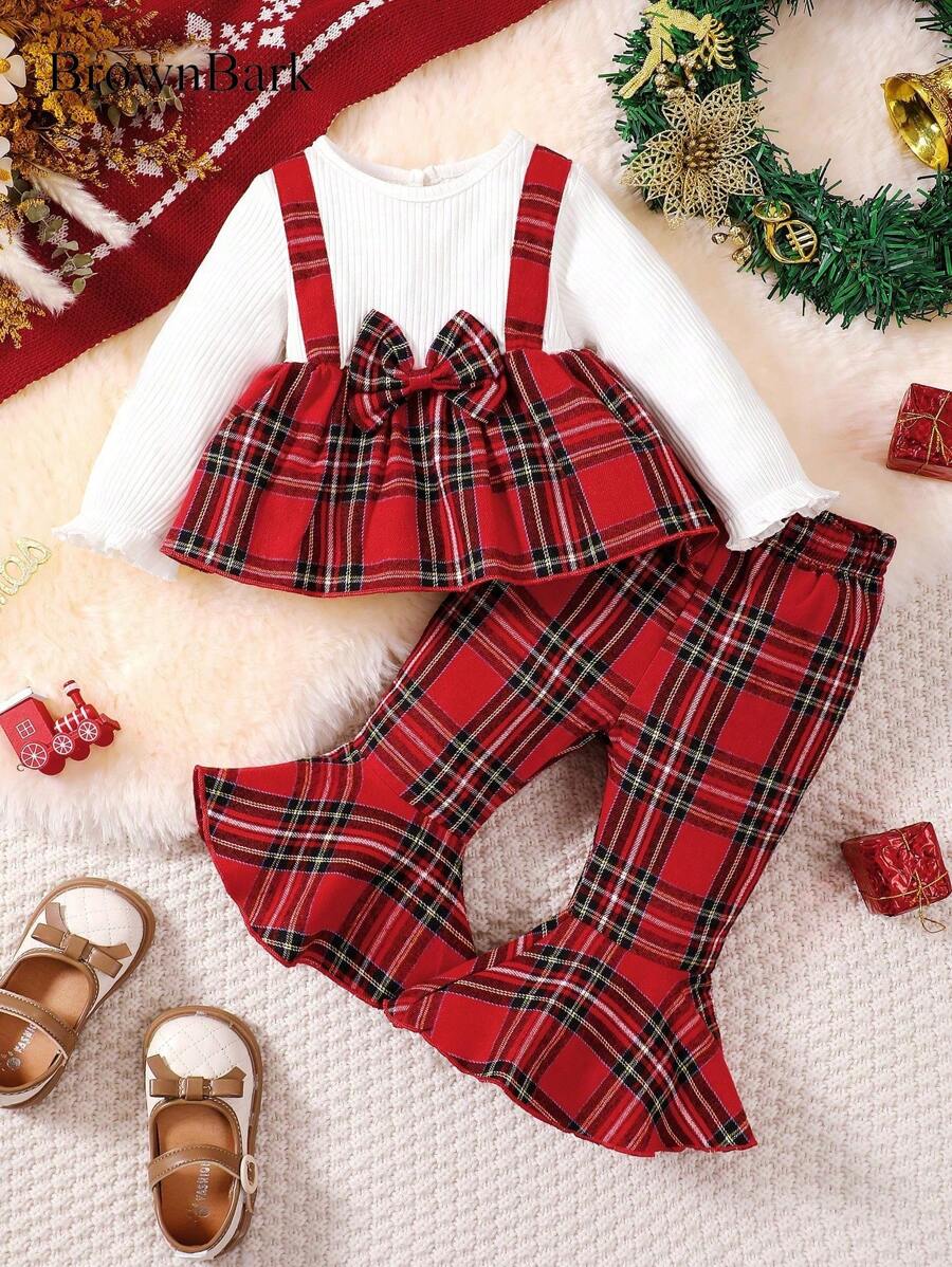 BrownBark 2pcs/Set Baby Girl Plaid Party Bow Decor Long Sleeve 2 In 1 Top & Flare Pants Outfit, Fashionable Casual Wear For Christmas Party, Daily And Gift