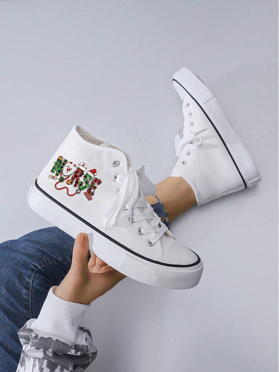 Women's Creative Christmas Graphic Mid-Top Flat Canvas Sneakers, Simple Design, White Canvas Material, Casual Daily Wear