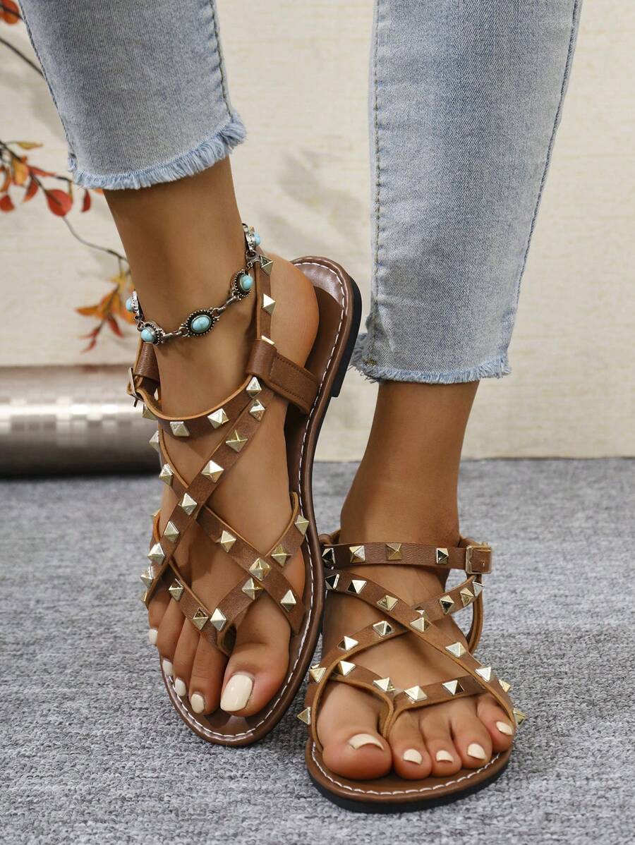 Sandali piatti da donna con borchie, stile punk rock, punta tonda, casual, per esterni, strada, feste, vacanze, estate
