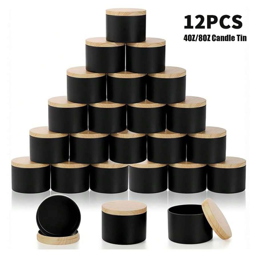 12pcs 4oz/8oz Metal Candle Tins With Wood Grain Lids - Perfect For DIY Candle Making, Aromatherapy & Crafts - Durable, Reusable Containers For Home Decor & Party Favors