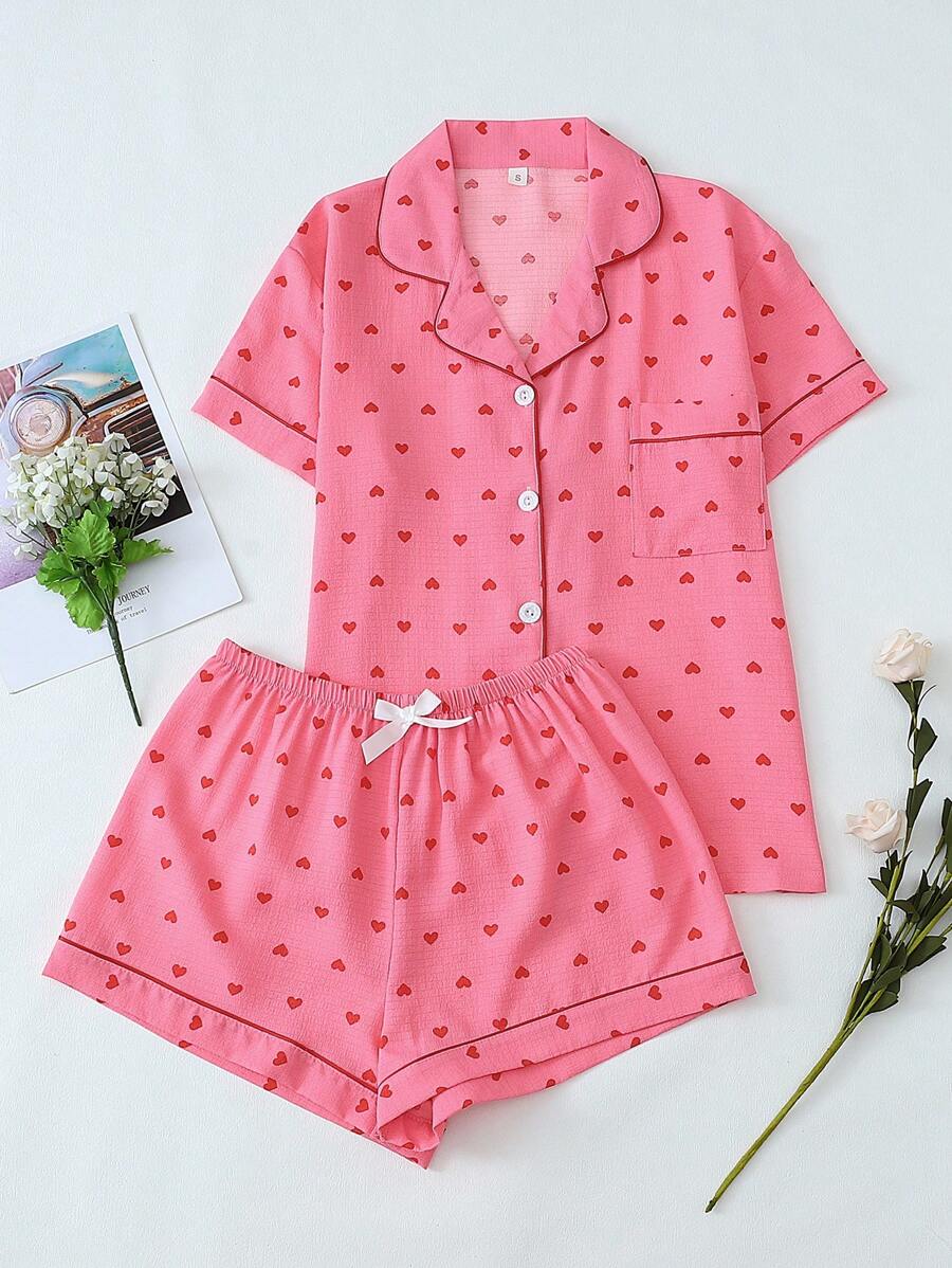 2 Pieces Women Heart Printed Short Sleeve Button Shirt Top And Shorts Sleepwear Set, Summer Casual Loungewear,Two Pieces Set