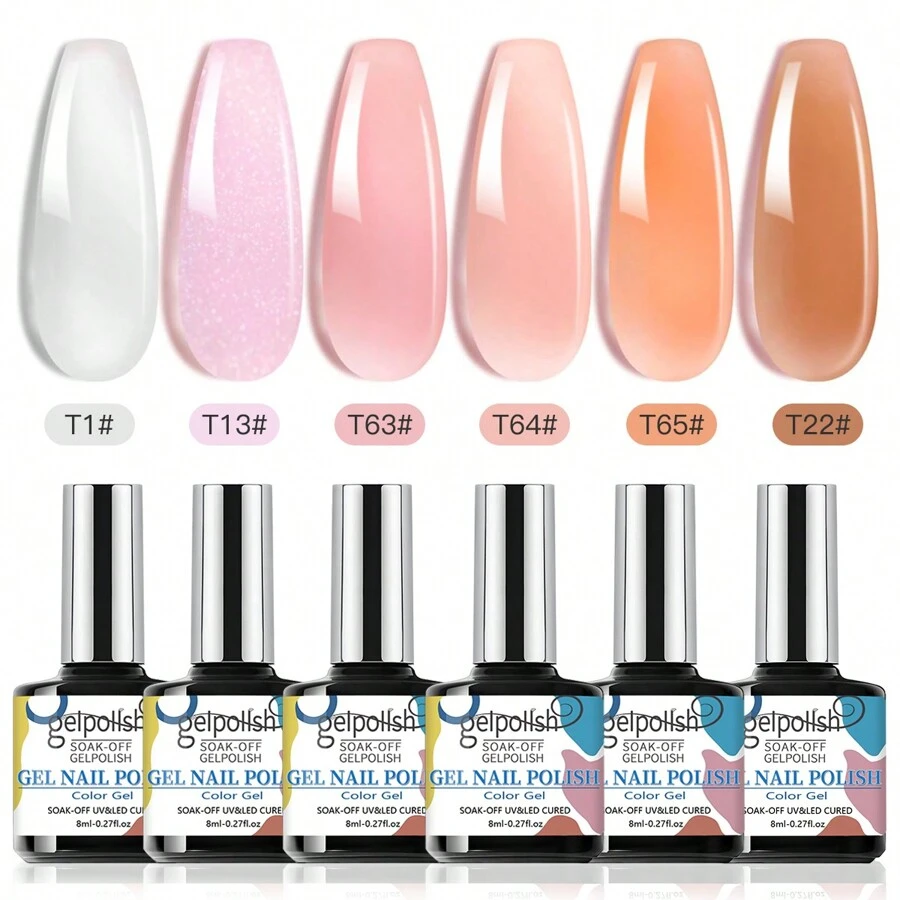 Set di smalti gel in 6 colori, inclusi bianco latte, rosa trasparente, nude, marrone, trasparente. Gel soak-off UV per unghie fai-da-te, collezione monocromatica definitiva per donne e ragazze