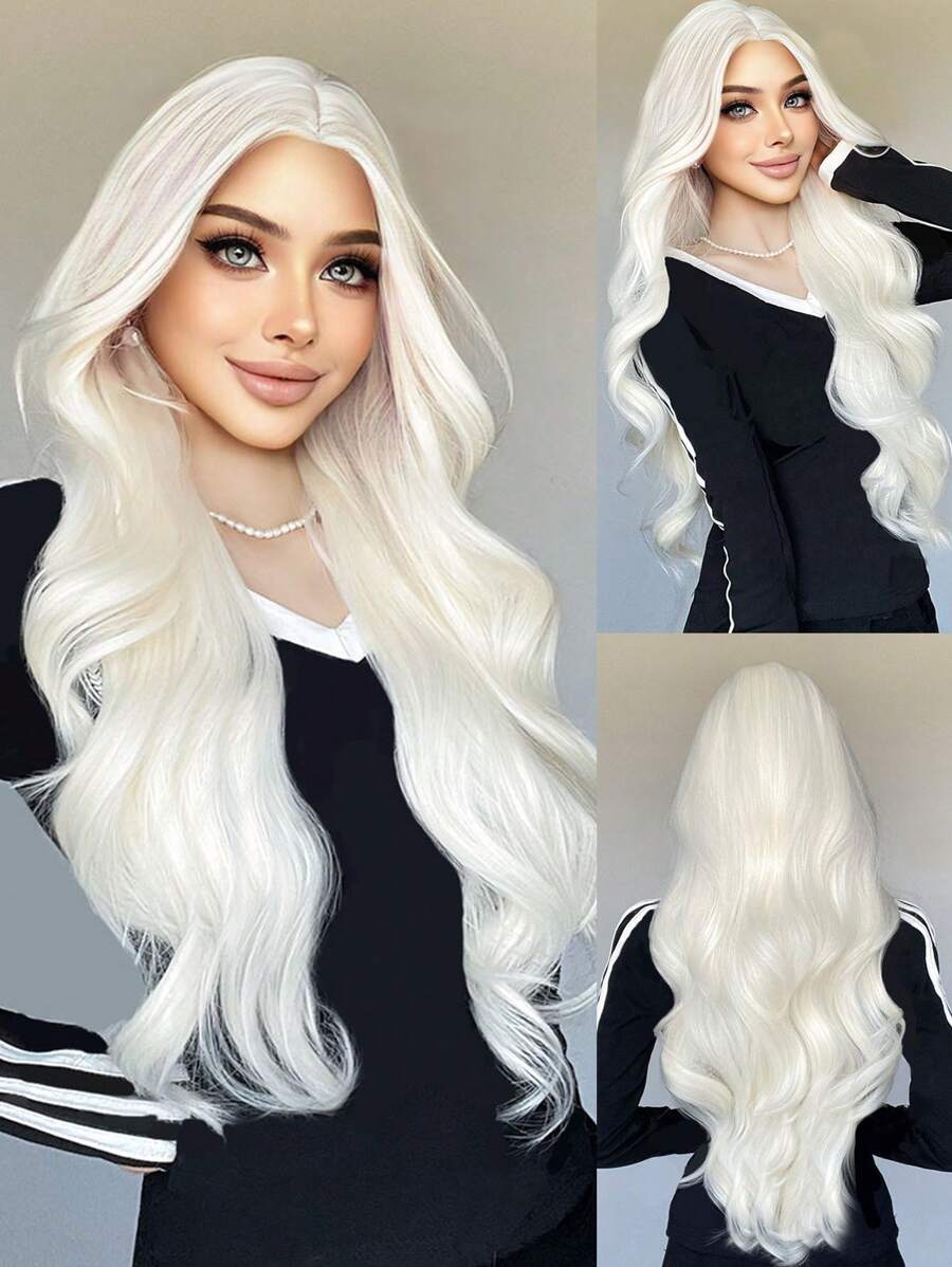 1 Peça Peruca Sintética Longa Ondulada de 26 Polegadas na Cor Prata Branca, Peruca de Cabelo Natural para Uso Diário com Franja, Peruca para Cosplay Feminina, Resistente ao Calor