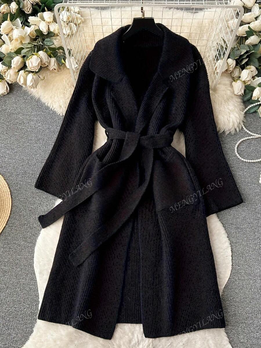 Elegant Minimalist Sweater Cardigan For Women, Long Oversized Loose Belted Style, Fashionable Knit Outerwear Coat, Suitable For Spring,Autumn,Winter