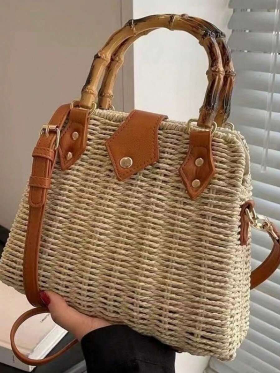 Korean Style Straw Crossbody Bag, New Fashionable Straw Handbag Woven Bag, Beach Bag, Versatile Wicker Bag For Women, Holiday Essentials,Perfect For Travel, Vacation, Holiday & Beach