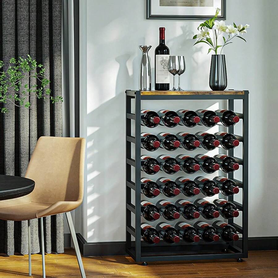 Boden-Weinregal für 30 Flaschen mit Holzplatte, freistehendes Weinflaschen-Organizer-Regal mit 6 Ebenen, stabiler Flaschenständer aus Metall für die Speisekammer in der Küche (L 59 x B 30 x H 88 cm)