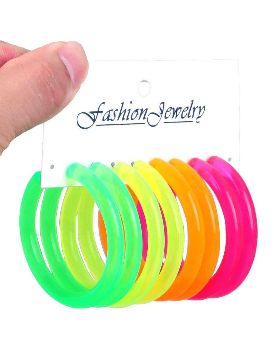 1set/4pairs Fluorescent Colored Acrylic Oversized Geometric Shape Hoop Earrings Set For Women's Daily Wear