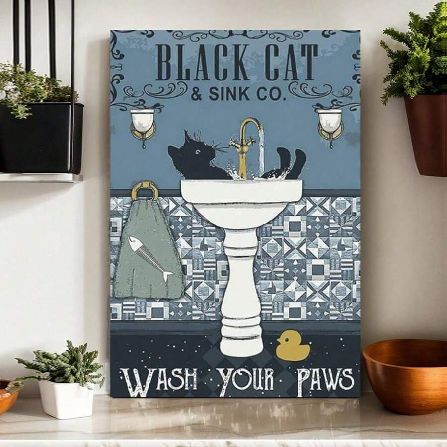 Funny Cat Bathroom Canvas Wall Art Black Cat Wash Your Paws Posters Vintage Bathtub Cat Prints Painting Cute Animal Artwork Wall Decor For Bathroom Restroom Toilet Farmhouse