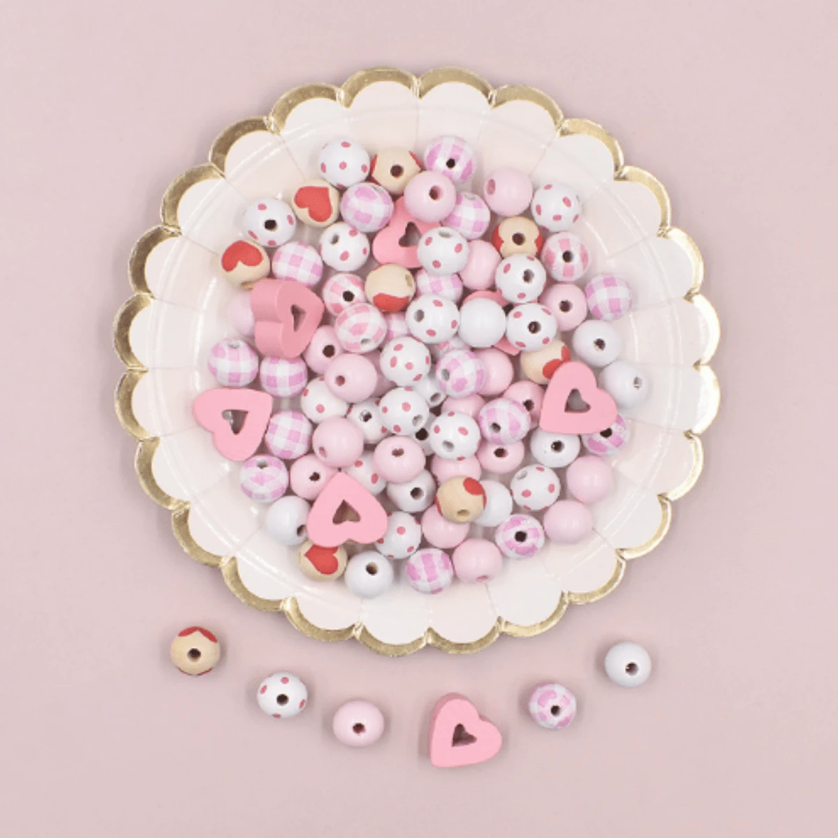 190pcs Valentine's Day Heart Shaped Hollow Wood Bead Set, Colorful Round Beads Combo For DIY Craft Decoration