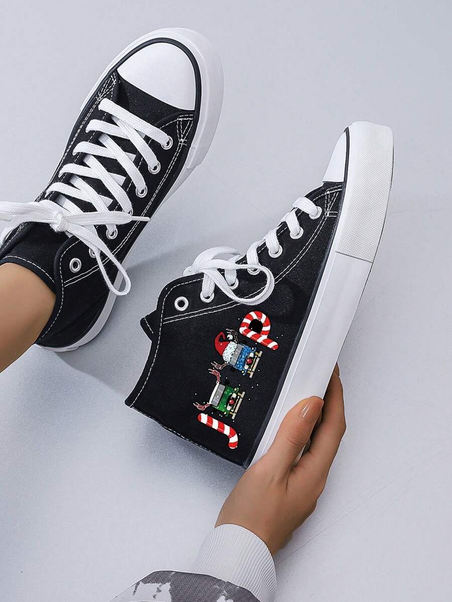 Women's Creative Christmas Sleigh Printed Canvas Sneakers, Minimalist Style Flat Black Canvas Casual Shoes For Daily Wear