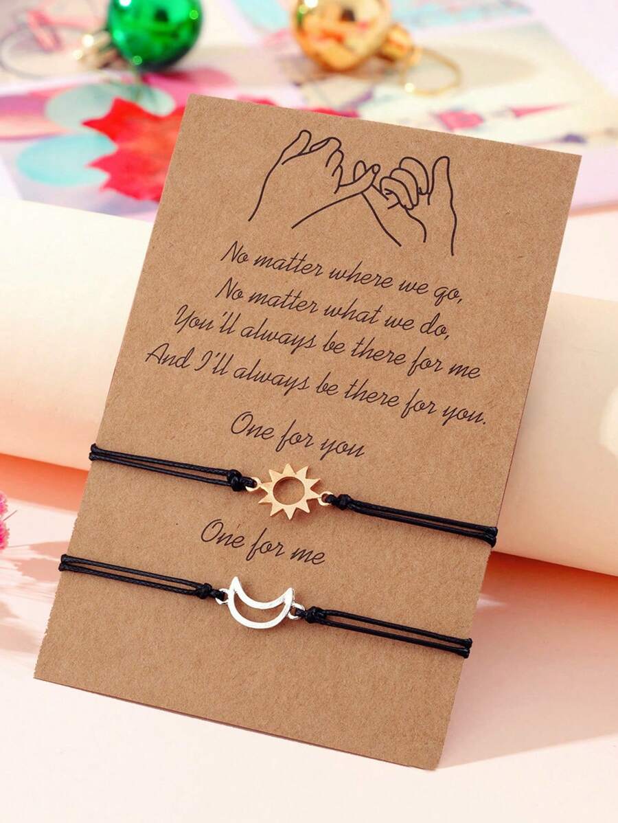 Goodwaro 2 piezas Pulseras de pareja hechas a mano de metal con diseño creativo de sol y luna, adecuadas para novias, amigas y hermanas, viene con empaque de tarjeta, apropiadas para uso diario de mujer