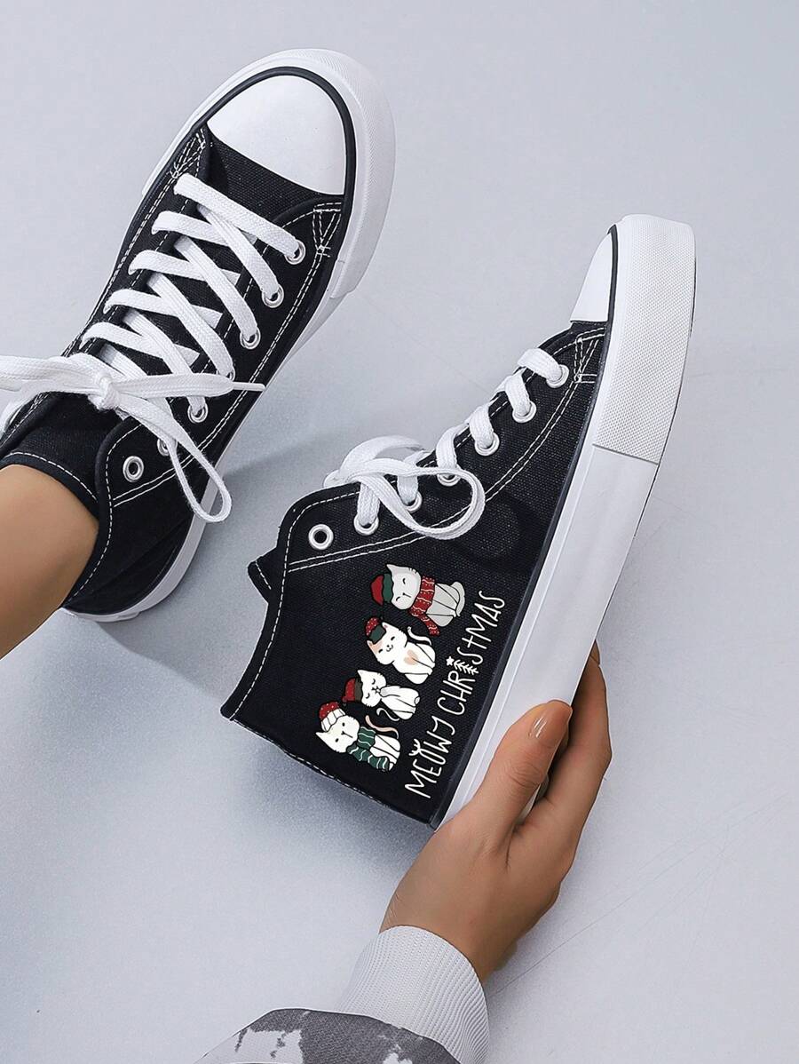 Women's Creative Christmas Cat Print Canvas Sneakers, Round Toe Flat Casual Shoes, Comfortable Black Fabric Shoes For Daily Wear