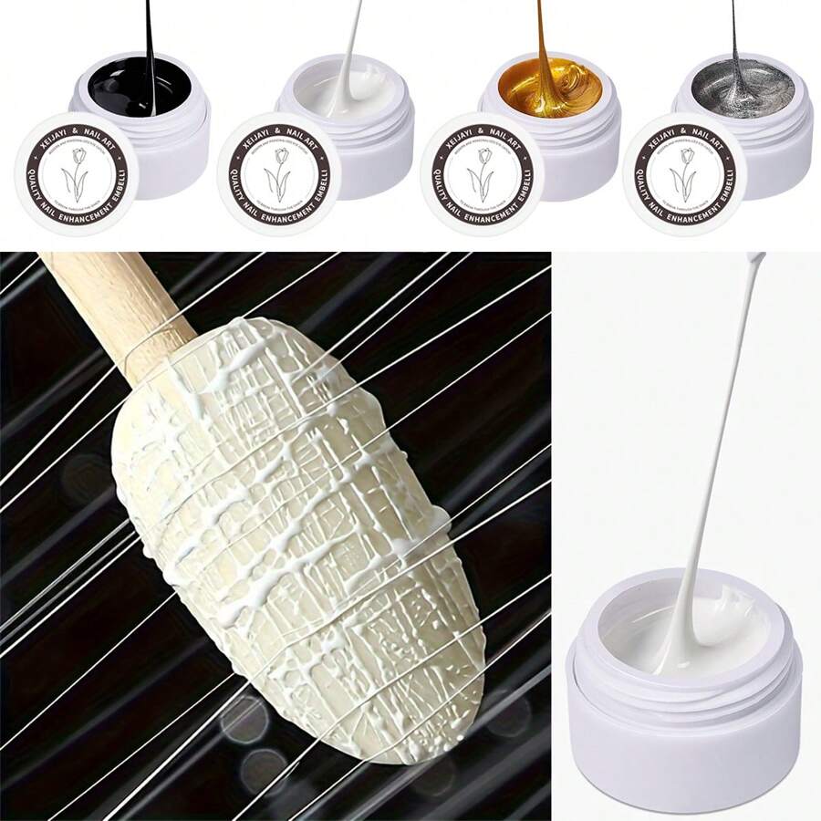 XEIJAYI 4 colori nero, bianco, oro e argento, gel ragno per decorazione unghie, gel da disegno per pittura ad arte delle unghie UV/LED, gel per pittura fai da te, per disegni e decorazioni a linee e punti