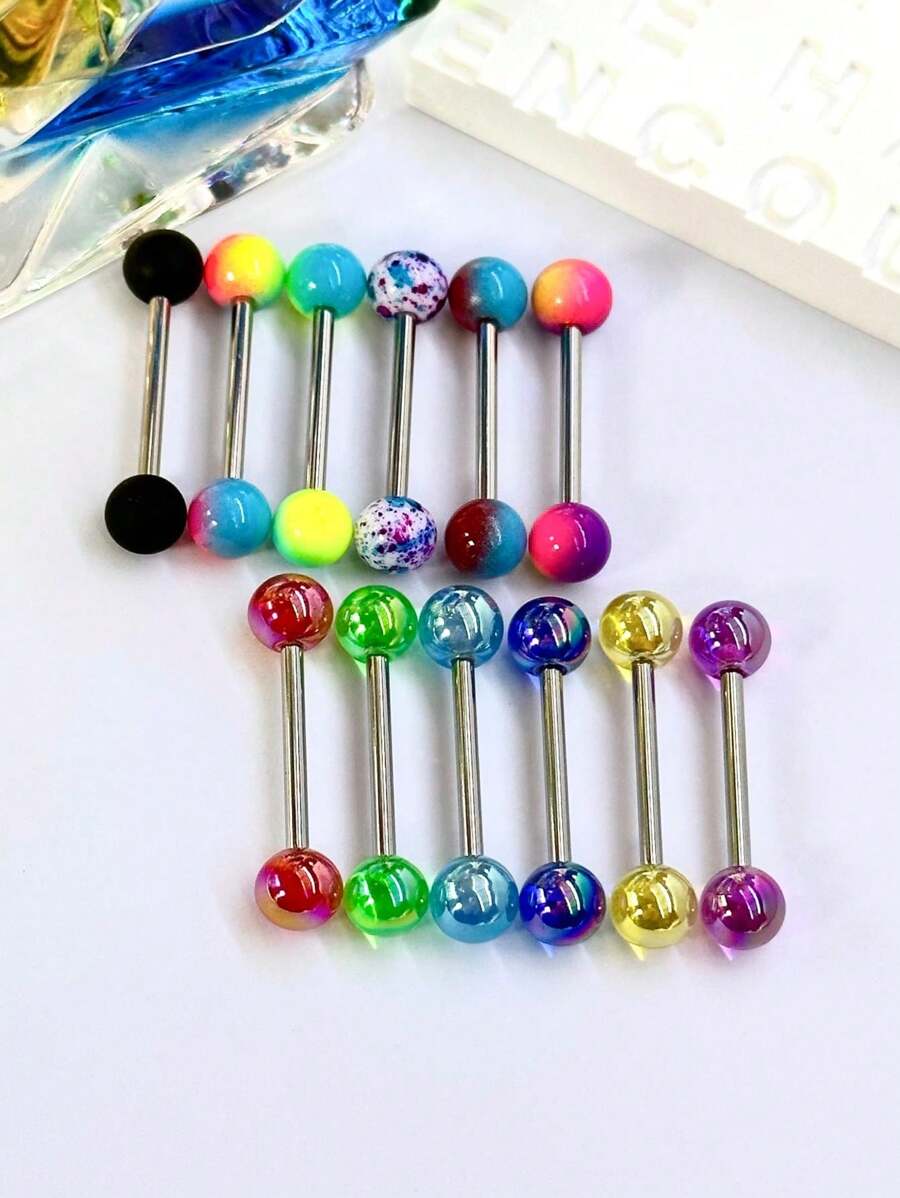 Set de 12 piezas de joyas de perforación de lengua de acrílico multicolor de moda, barra de acero inoxidable 316L, joyería corporal, regalo de Halloween, adecuado para uso diario de hombres y mujeres
