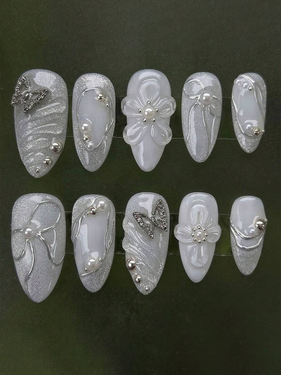 10pcs Y2K Cute Almond Shaped Short 3D Epoxy Silver Sparkling Bow Pearl Drill Bow Nail Art False Nails, Fit For Daily, Dating, Afternoon Tea, Outdoor Wear Press On Nails