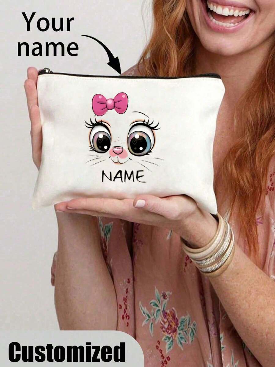 Custom DIY Pink Bow Big-Eyed Cat Canvas Makeup Bag, Multipurpose Zipper Pouch, Travel Toiletry Bag, Pencil Case, And Gift Bag, Ideal Personalized Gift For Couples, Friends, Family, And Teachers