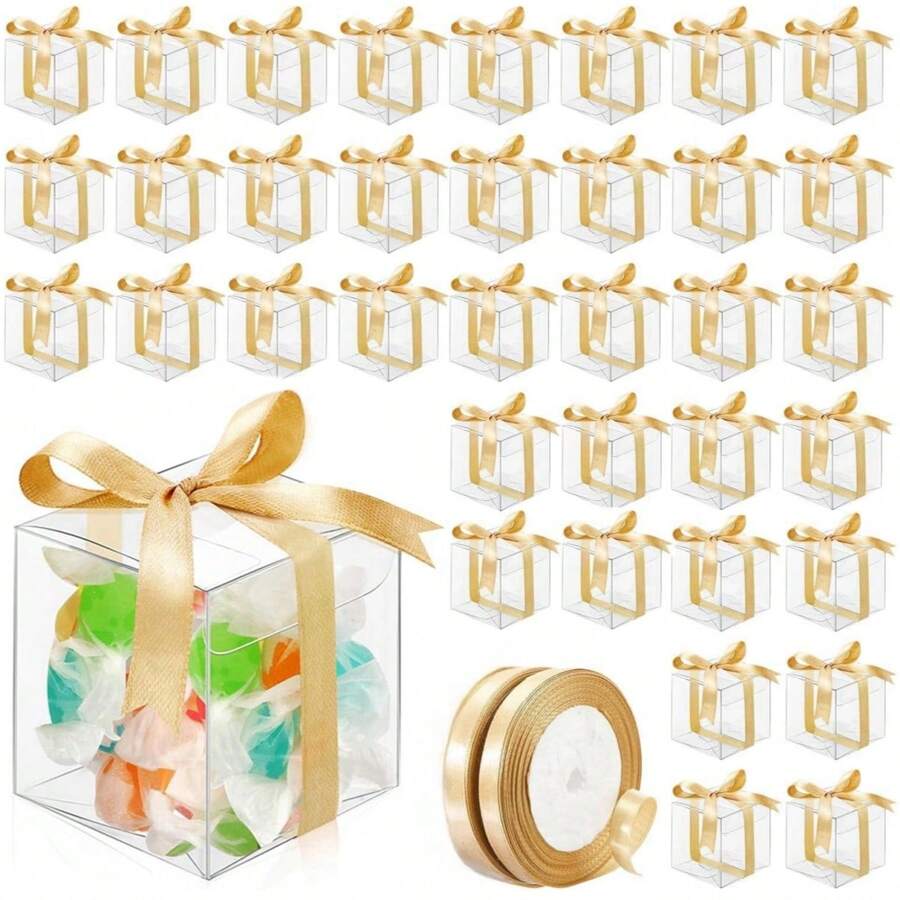 3/20/50 piezas Cajas mini transparentes para regalos de 2 x 2 x 2 pulgadas con cintas, cajas cúbicas transparentes extra pequeñas para dulces, cajas mini para regalos de boda, fiesta de Navidad, baby shower, cumpleaños