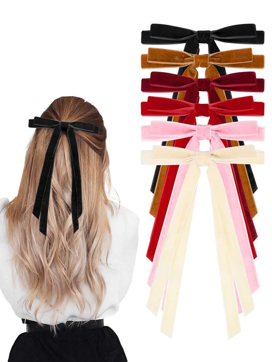 1/6 Packs Velvet Bow Hair Clip Ribbon Accessories Ponytail Stand Hair Knot Ladies Autumn And Winter Warm Suede Material Suitable For Daily Party And Travel Wear, Valentine's Day Fashion Colors Cute Claw Clips Hair Slide Hair Barrettes