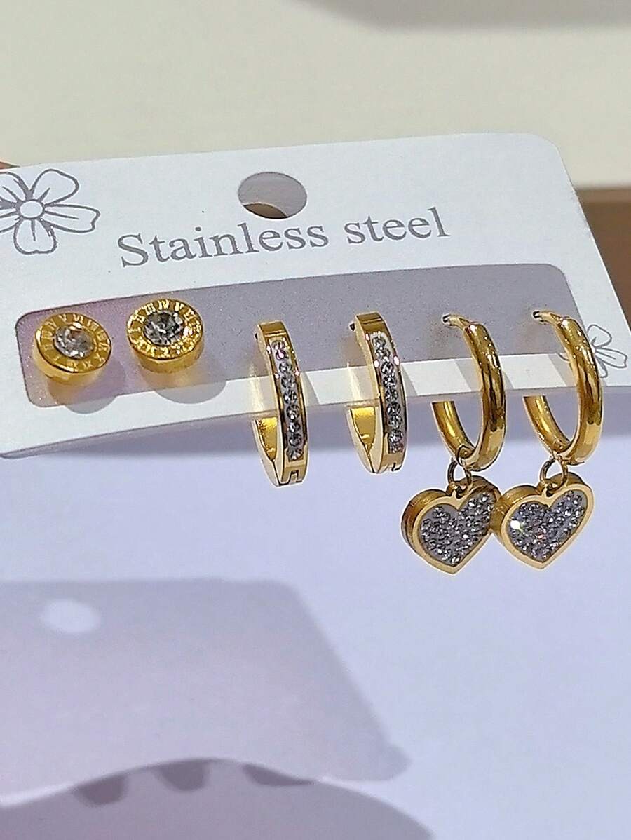 1 conjunto de brincos de argola de zircônia brilhantes da moda, brincos de pino e brincos em formato de coração, conjunto de 3 peças de aço inoxidável para namorados